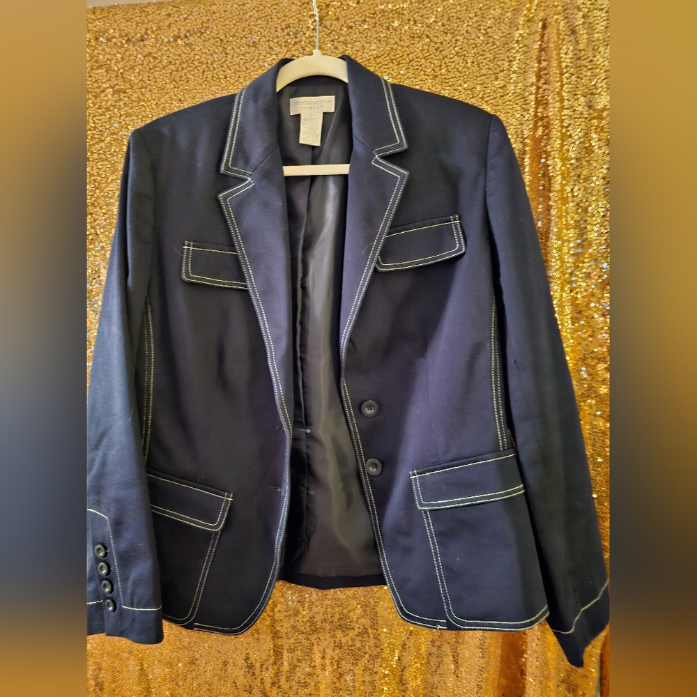 Worthington Pant Suit in Navy Blue with Stitch Design Size 8
